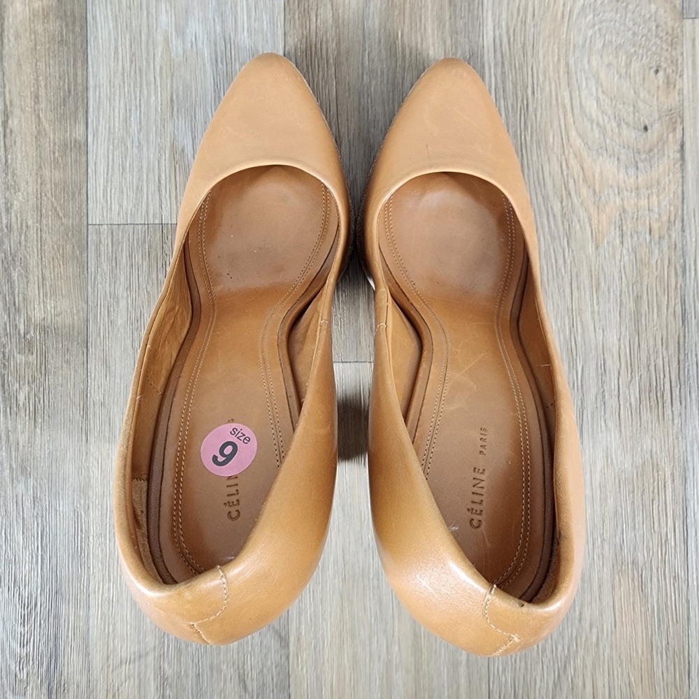 CELINE PARIS Women's Size 39.5 Tan Leather Chunky Heel Pumps Made in Italy - Picture 7 of 11